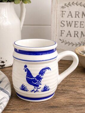 Blue White Rooster Hen Coffee Mug Farmhouse Country Kitchen Ceramic Cup B.I. Inc